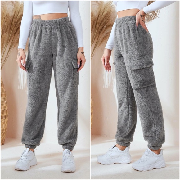 Pants - GREY pocket furry teddy jogger pants